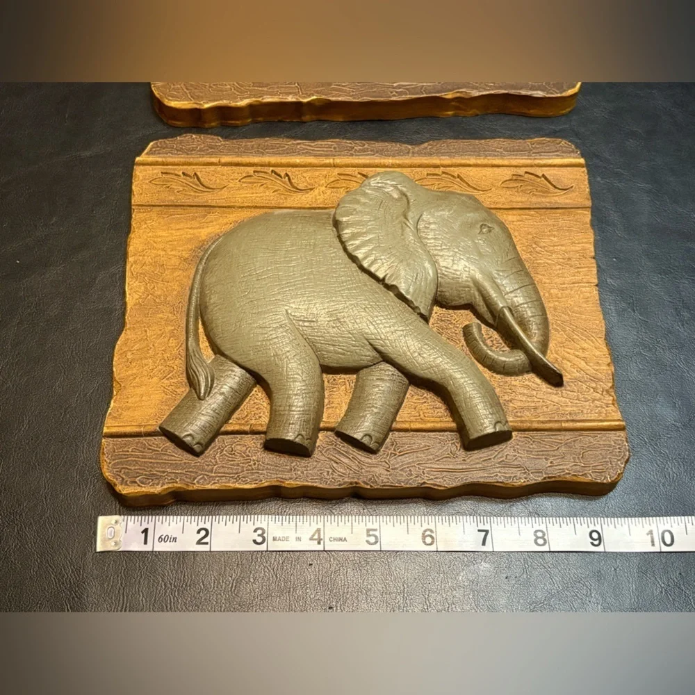 Home Interior Pair of TWO Molded Plastic Elephant Wall Hangings / Vintage